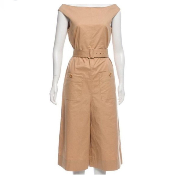 Belted Wide-Leg Jumpsuit Women's Tan Belted Romper cotton blend - Picture 3 of 10